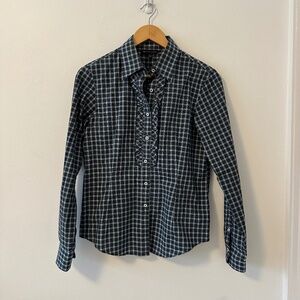 Brooks Brothers Navy Blue Plaid Ruffle Button Down Shirt | Size 8